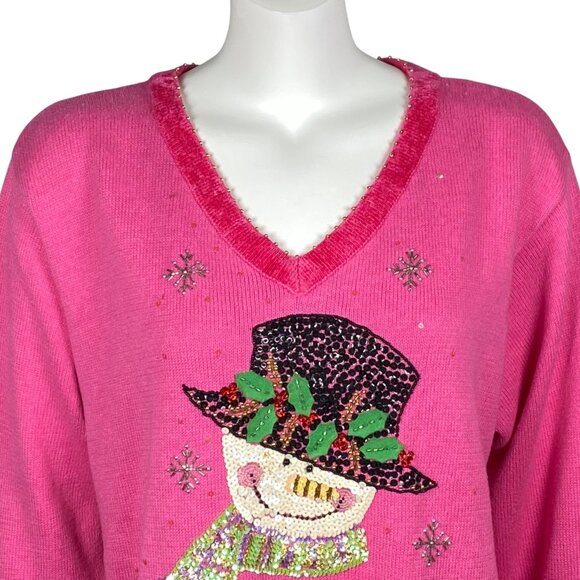 Quacker Factory Beaded Snowman Sweater Womens Size 1X Pink V Neck Pullover - Picture 2 of 7
